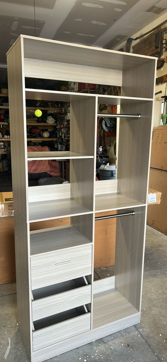 Modular Wooden Closet Organizer System with Shelves, Drawers, and Hanging Rods