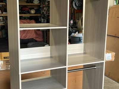 Modular Wooden Closet Organizer System with Shelves, Drawers, and Hanging Rods