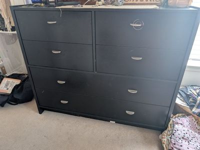Black Wooden Dresser Set wide, Tall 5 Drawer, Wide 6 Drawers and Small Bed Side, all with Silver Handles - Minor Wear