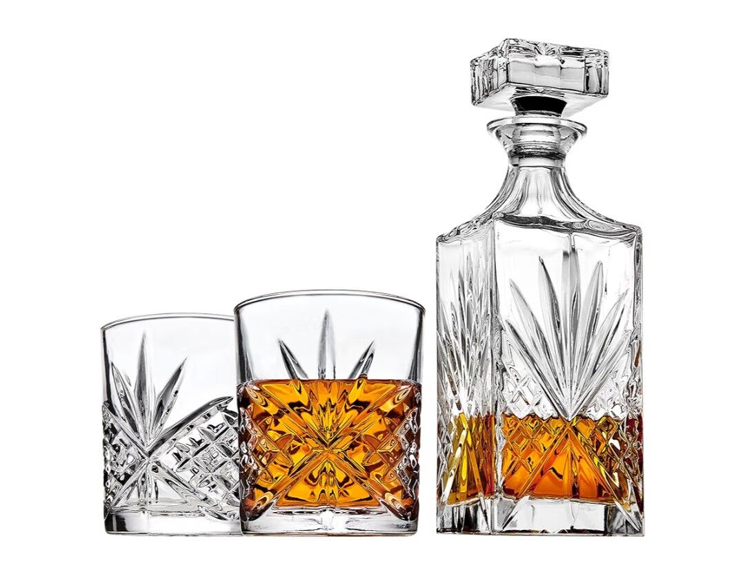 Thick Crystal Decanter and two Crystal Glasses