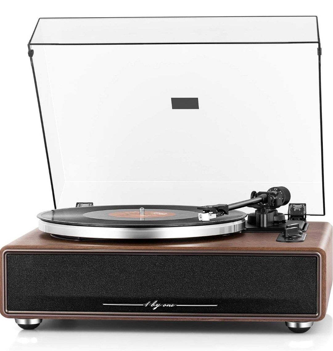 1 by one Turntable Vinyl Record Player with Built-in Speakers and Bluetooth