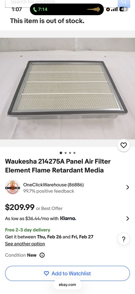 Waukesha 214275A Panel Air Filter