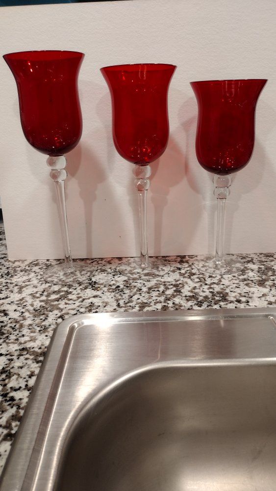 Set of 3 Red Glass Tall Stem Tealight Votive Candle Holders - Elegant Home Decor