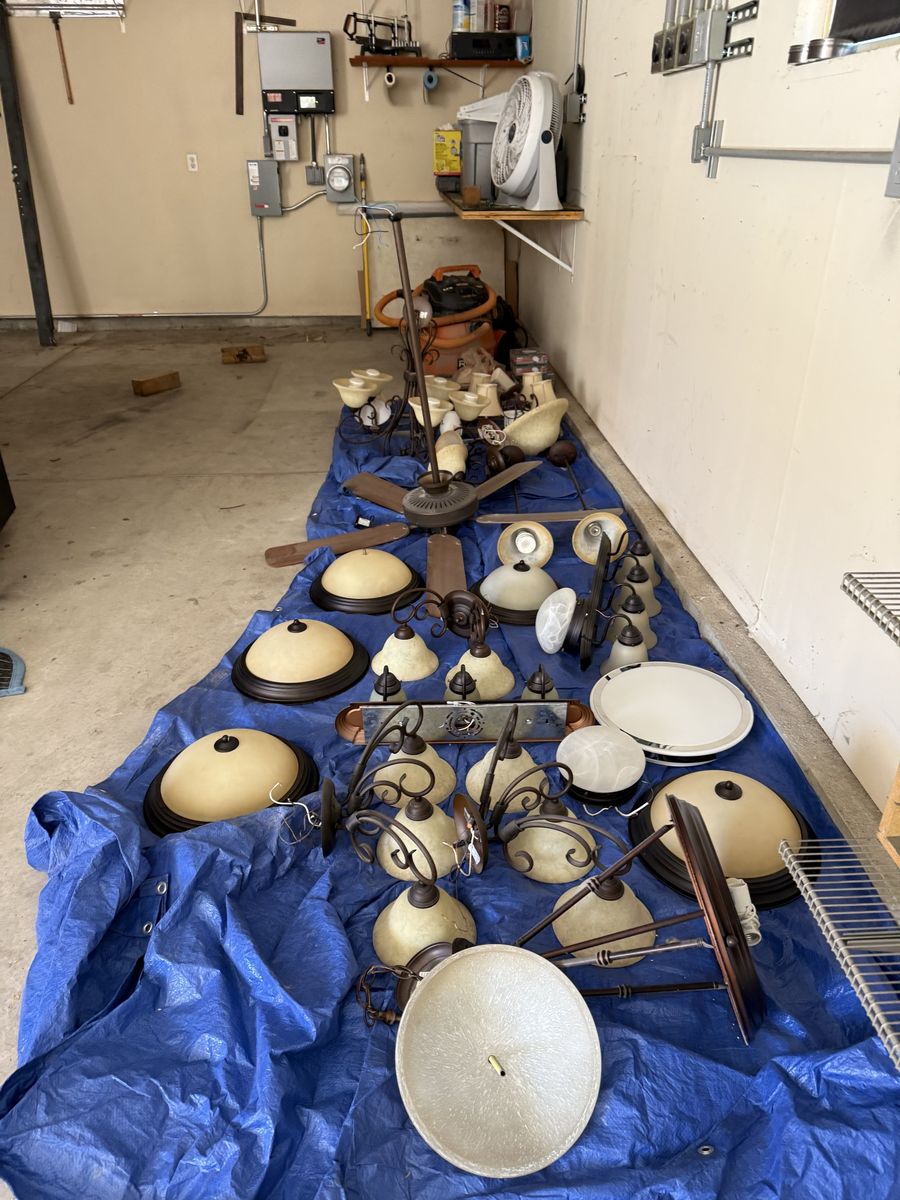 Large Lot of Assorted Used Home Light Fixtures & Ceiling Fans - Chandeliers, Flush Mounts & More
