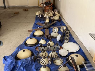Large Lot of Assorted Used Home Light Fixtures & Ceiling Fans - Chandeliers, Flush Mounts & More