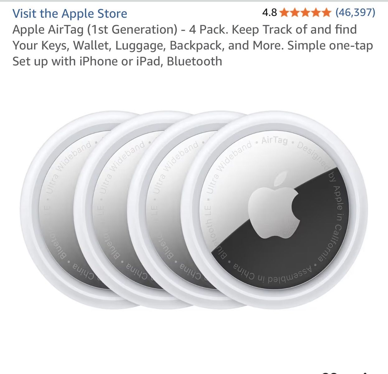 Apple AirTag (1st Gen) 4-Pack - Bluetooth Item Finder for iPhone/iPad - New in Box