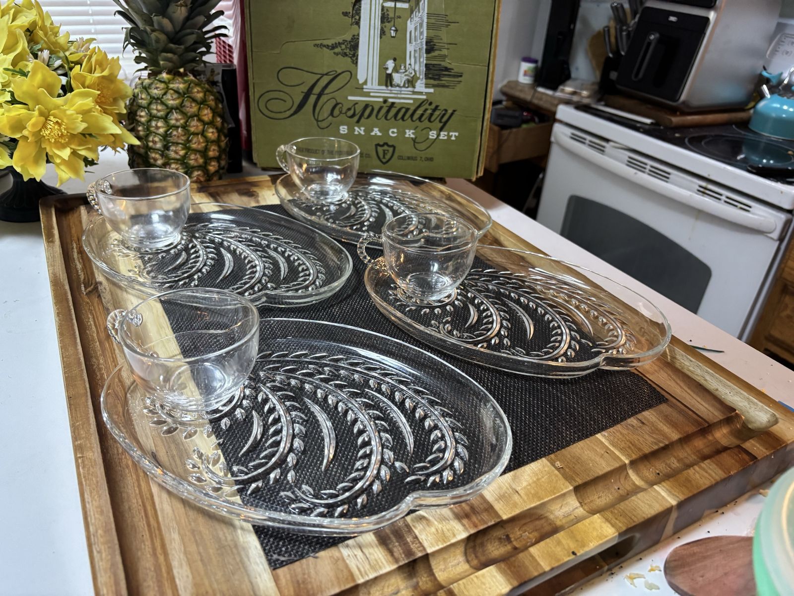 Vintage Federal Glass “Hospitality” Snack Sets – 2 Boxed Sets (16pc Total)