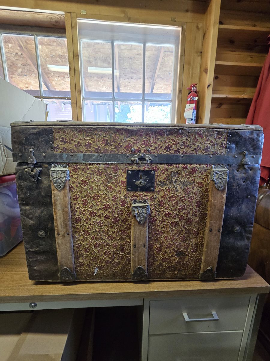 vintage pressed tin dome top steamer trunk
