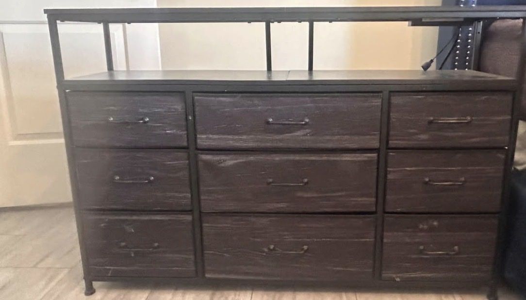 Fabric drawer dresser with power outlet