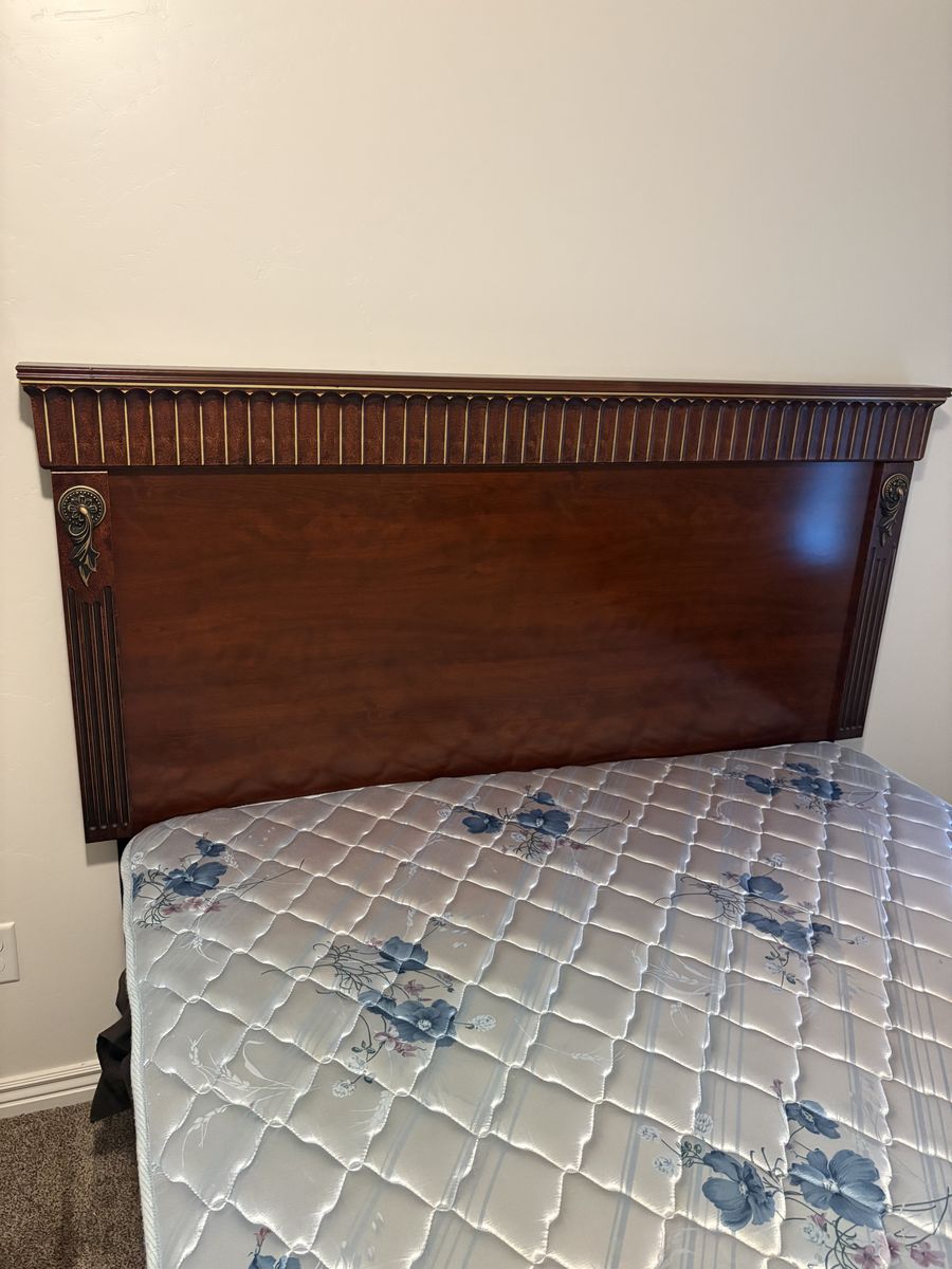 Traditional Dark Cherry Queen Bedroom Furniture Set - Headboard, Tall Dresser, and Nightstand