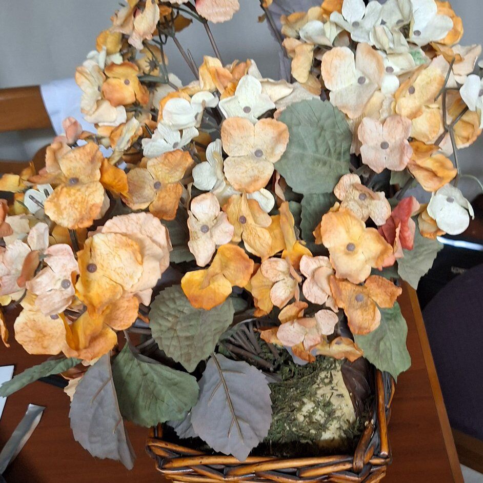 Very pretty silk hydrangeas plant with wicker bask