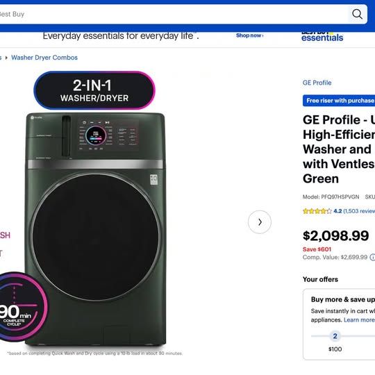 GE Profile 2-in-1 Washer Dryer Combo 4.8 Cu Ft
