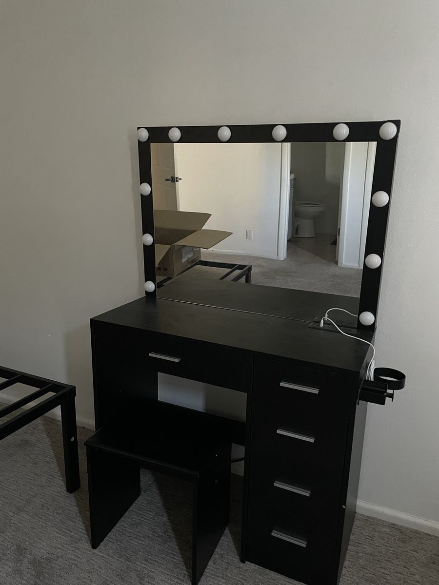 Black Vanity Dressing Table with Lighted Mirror & Storage Drawers, Stool Included