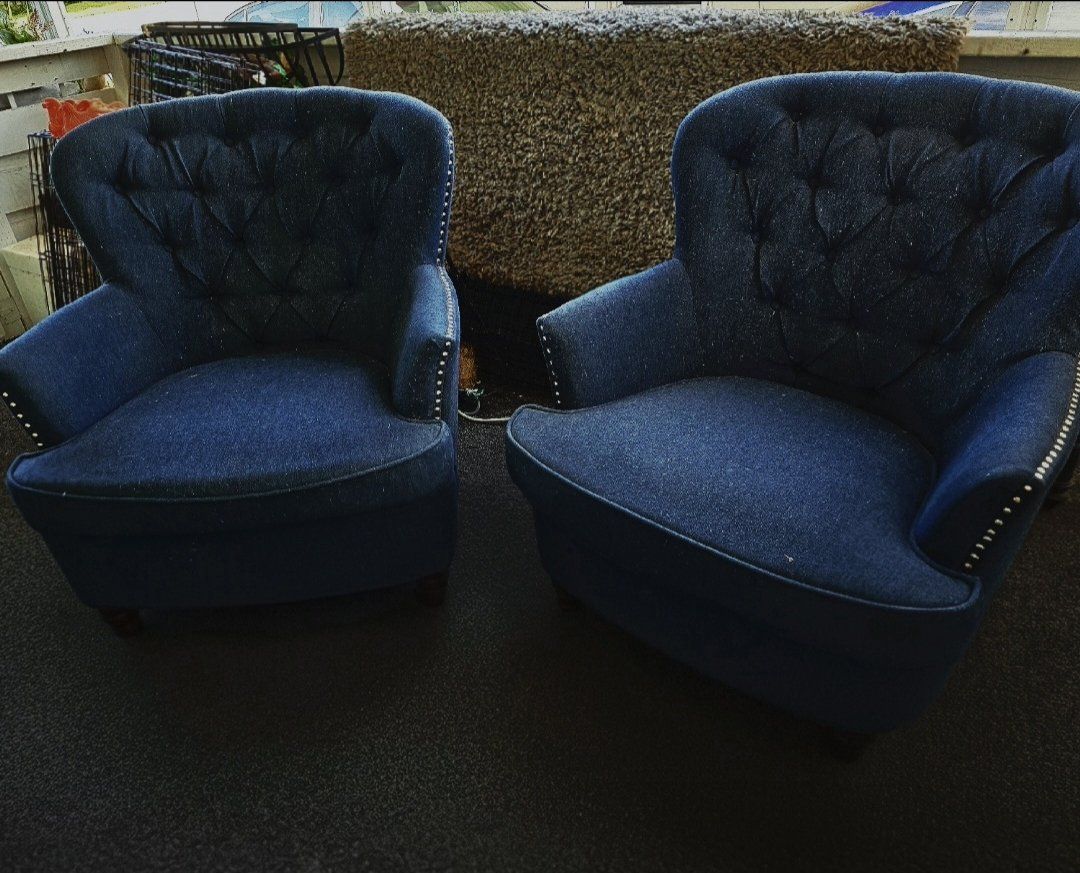Pair of Blue Tufted Barrel Accent Chairs with Nailhead Trim $200 For Both.