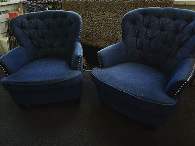 Pair of Blue Tufted Barrel Accent Chairs with Nailhead Trim $200 For Both.