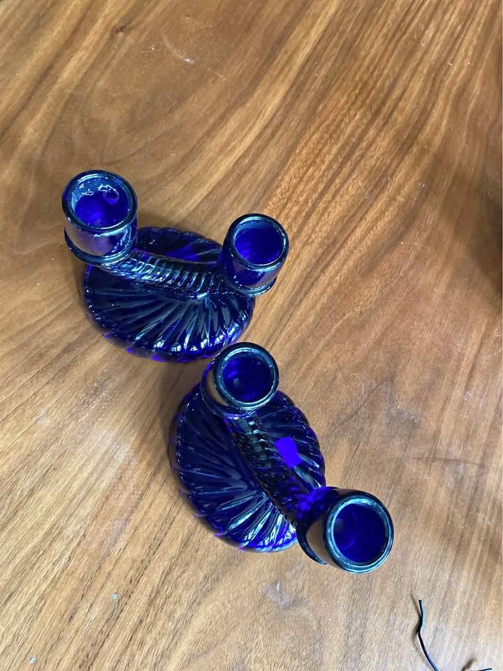 Imperial Glass Cobalt Blue Candle Holder Twin Pillar Flute