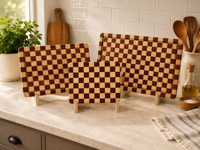 Handmade Checkered Wood Cutting Boards - Set of 3 (Large, Medium, Small) with Juice Grooves