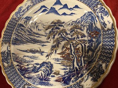 Antique Large Porcelain Gilt Chinese Charger Imari Style Intricate Blue/White & Gold Color