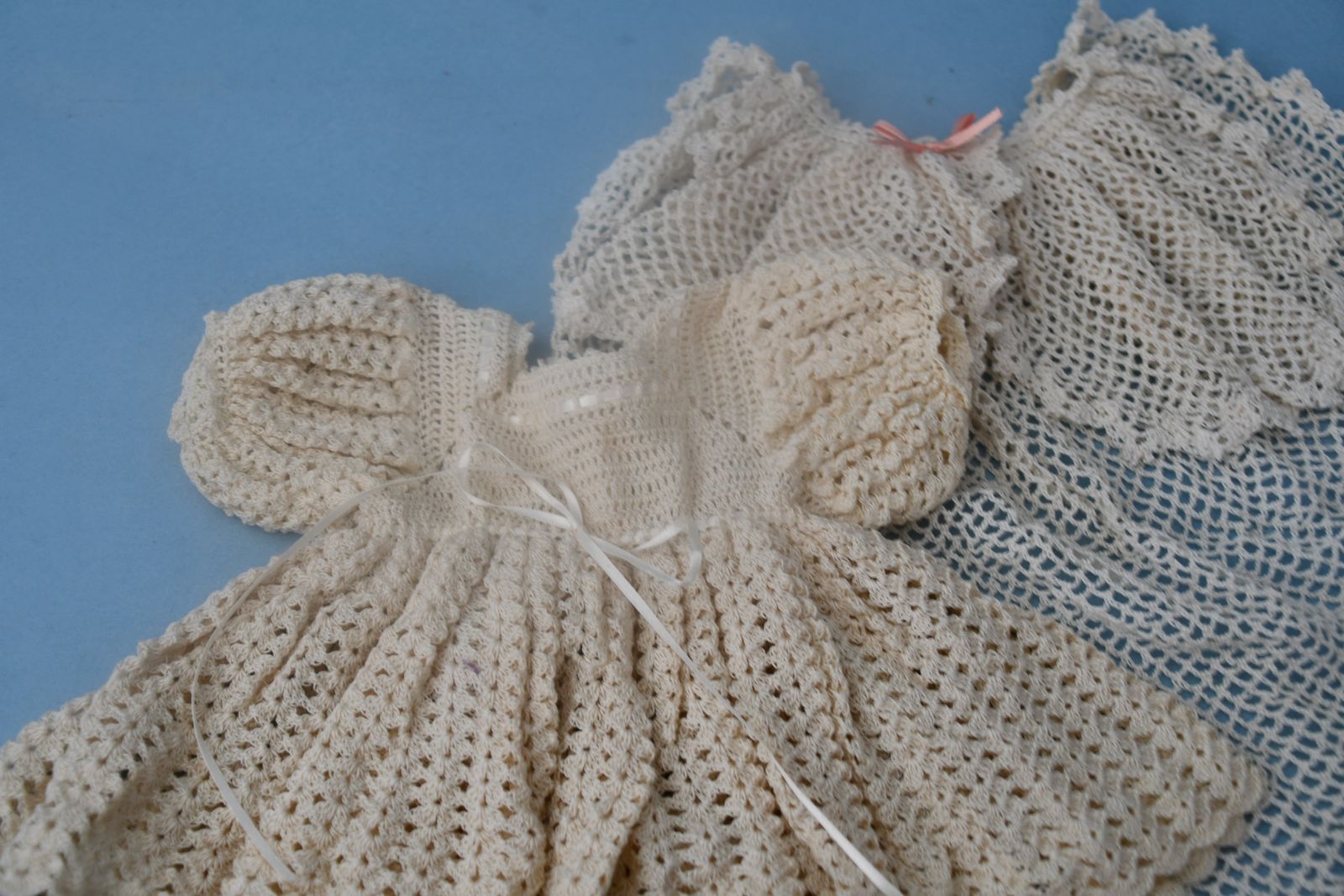 BEAUTIFUL HAND CROCHETED DOLL DRESS & CAPE ~ VERY DETAILED ~ CREAM ~ BOTH FOR $10