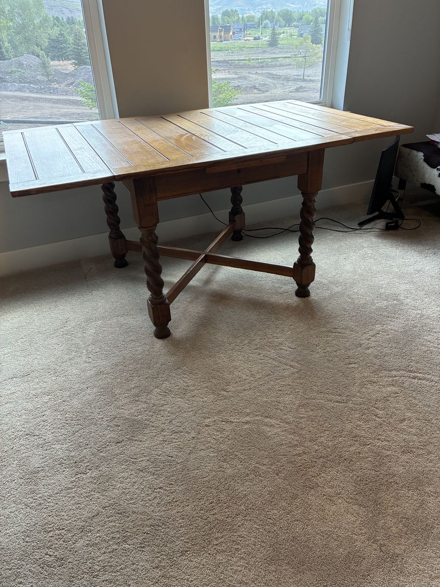 Vintage British Pub Tiger Oak Dining Table with Barley Twist Legs - Expandable Wooden Table w/ 2 leaves