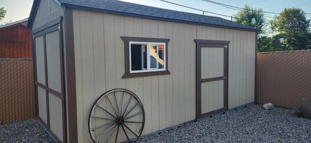 Spacious Outdoor Storage Shed - Tan with Brown Trim & Double Doors