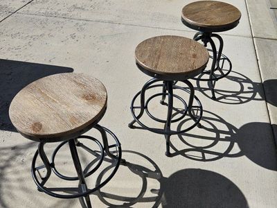 Moving my loss your gain!
Set of 3 Industrial Style Adjustable Swivel Bar Stools - Wood Top, Metal Base