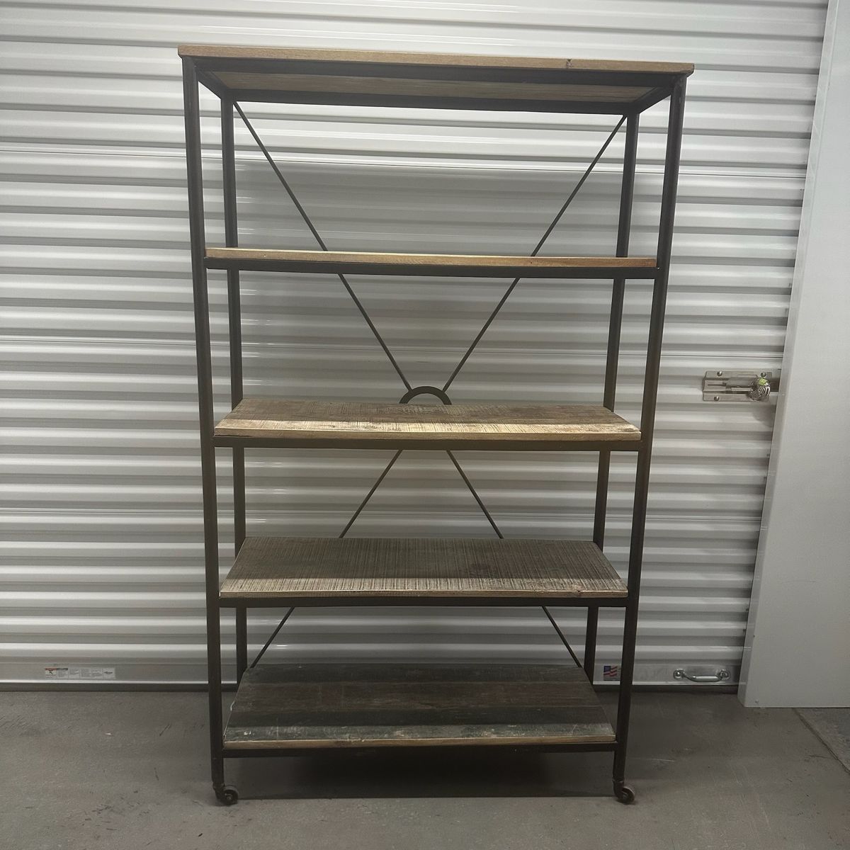 Industrial Bookshelf / Wood & Metal Shelving Unit on Wheels