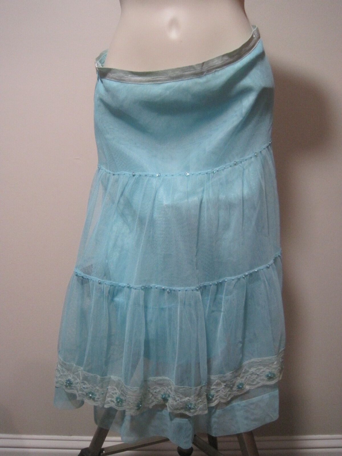 Women's Size Small Long Skirt Polyester Lace Light Blue & White Floral Fringe