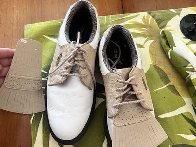 FootJoy eComfort Women's Golf Shoes Size 7.5 White Tan Saddle Lace Up with Kilties
