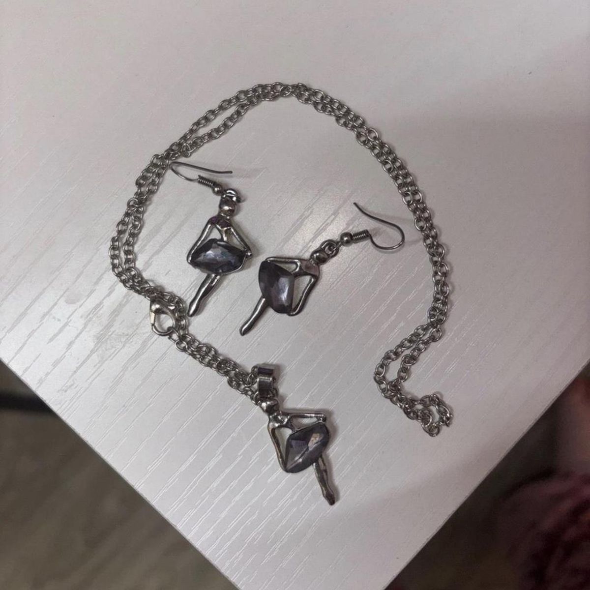 Ballerina Pendant Necklace & Dangle Earrings Set - Silver Tone with Purple Gem Accents