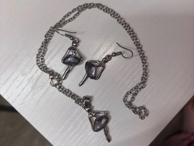 Ballerina Pendant Necklace & Dangle Earrings Set - Silver Tone with Purple Gem Accents