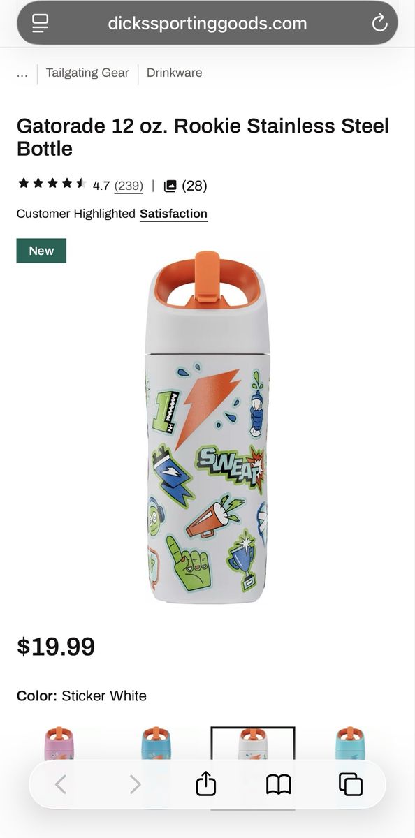 Gatorade Rookie 12 oz. Sticker White Stainless Steel Water Bottle - Insulated, Dent-Resistant Tumbler