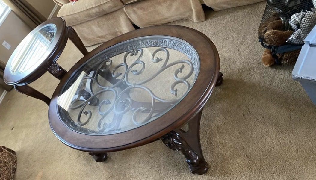 Elegant Wood & Glass Oval/Round Coffee Table Set with Ornate Metalwork - Living Room Furniture