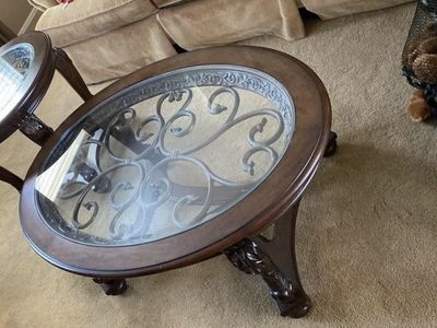 Elegant Wood & Glass Oval/Round Coffee Table Set with Ornate Metalwork - Living Room Furniture