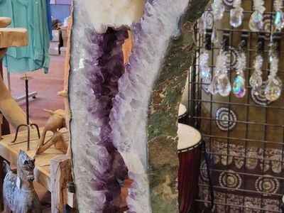 Massive Amethyst Cathedral Geode Slice with Calcite Inclusion Museum Quality Crystal Display