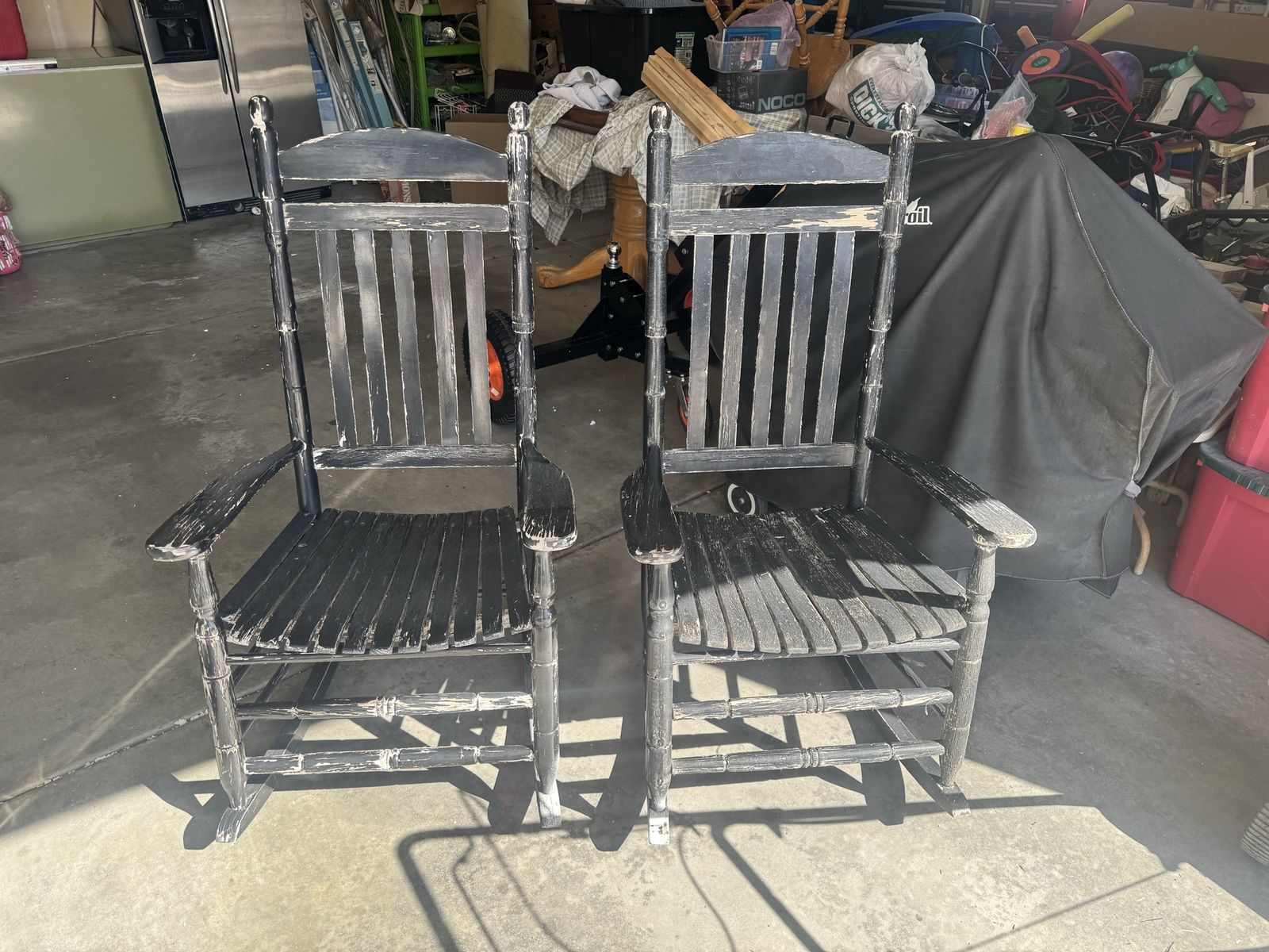 Pair of Distressed Black Wooden Rocking Chairs - Classic Farmhouse Style