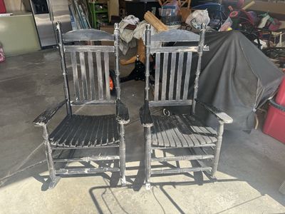 Pair of Distressed Black Wooden Rocking Chairs - Classic Farmhouse Style