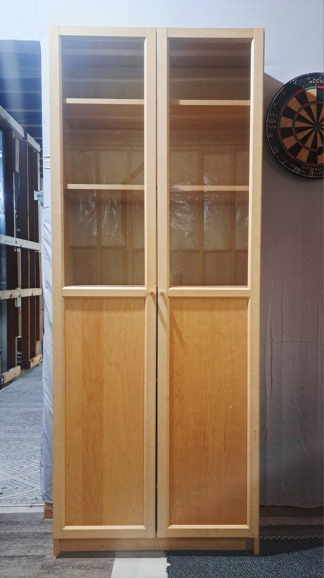 Light Wood Display Cabinet with Glass & Wood Doors - Adjustable Shelves