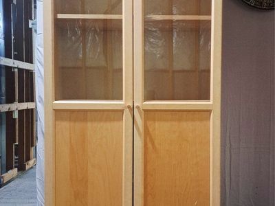 Light Wood Display Cabinet with Glass & Wood Doors - Adjustable Shelves