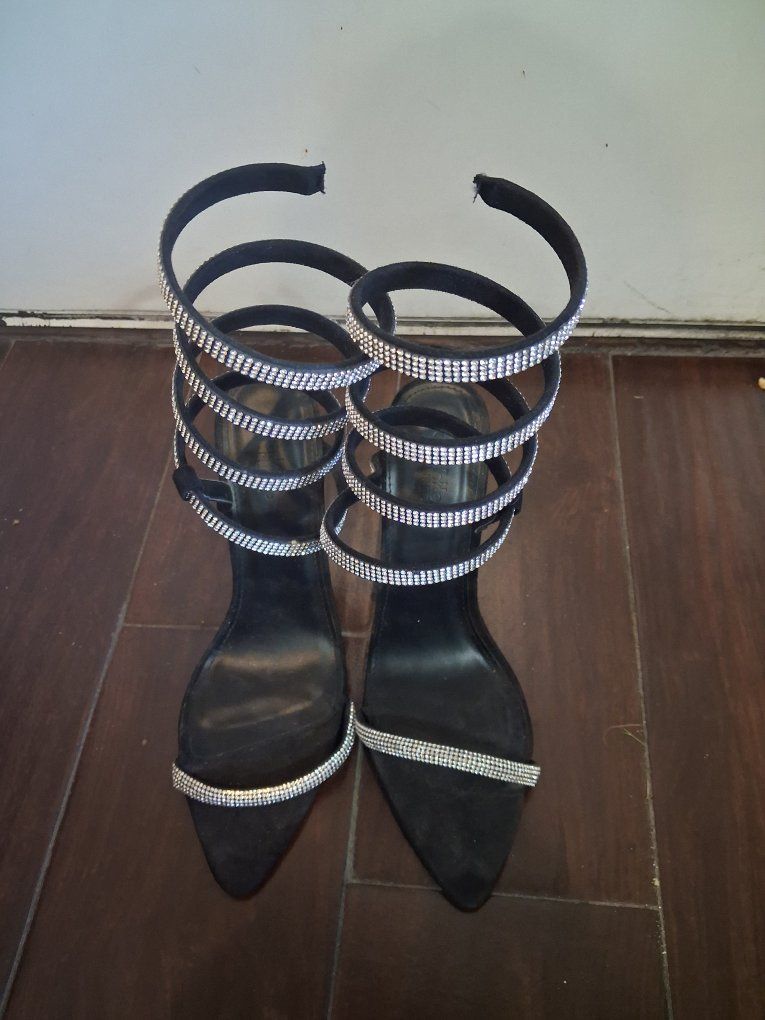 Charlotte Russe Black Suede Rhinestone Spiral Ankle Strap Heels - Women's Size 8, 2-3" Heel
