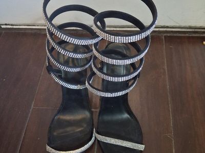 Charlotte Russe Black Suede Rhinestone Spiral Ankle Strap Heels - Women's Size 8, 2-3" Heel