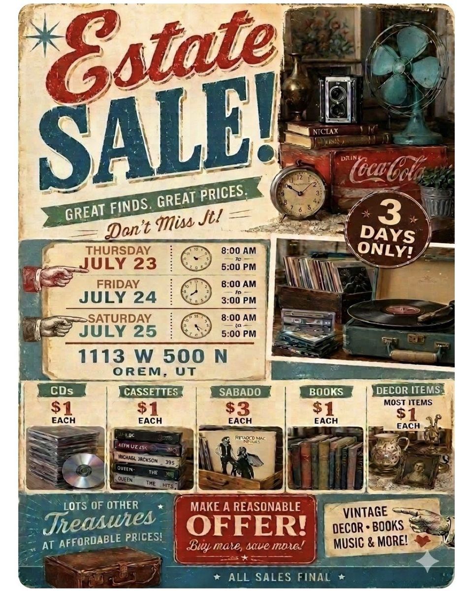 Estate Sale Filled with a Beautiful story,. Vitage items & special treasures !! 

sures !!