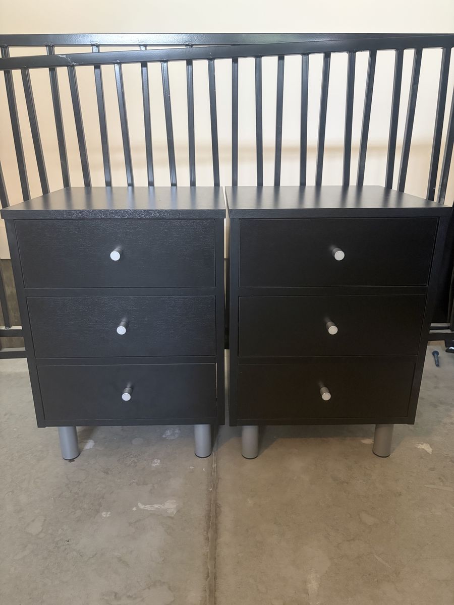 Set of 2 Black 3-Drawer Nightstands with Silver Knobs and Legs