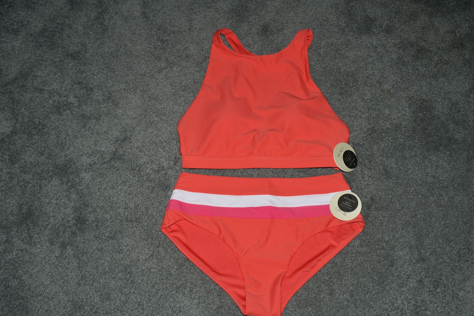 NWT WOMEN'S DOWNEAST 2 PIECE SWIMSUIT ~ SIZE SMALL ~ UPF 50+ ~ DEEP SEA CORAL ~ CROPKINI & HIGH RISE BOTTOM