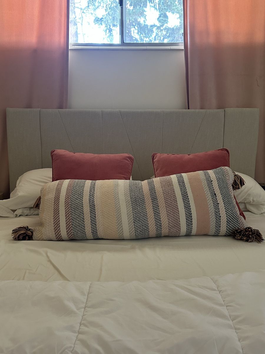 Upholstered queen platform bed frame and mattress
