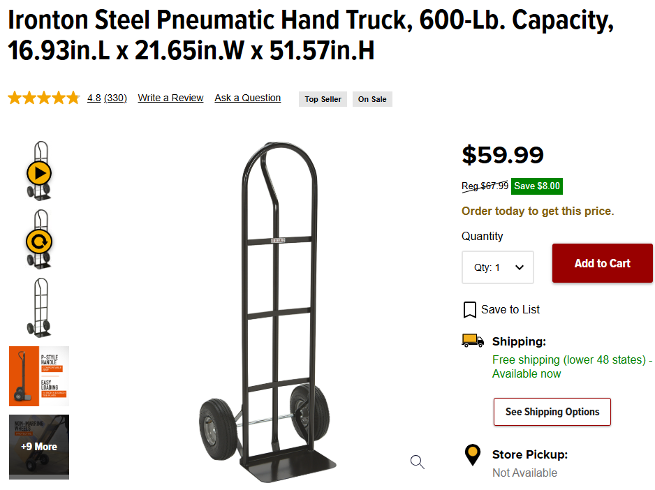 New Ironton Steel Pneumatic Hand Truck, 600-Lb. Capacity, 16.93in.L x 21.65in.W x 51.57in.H