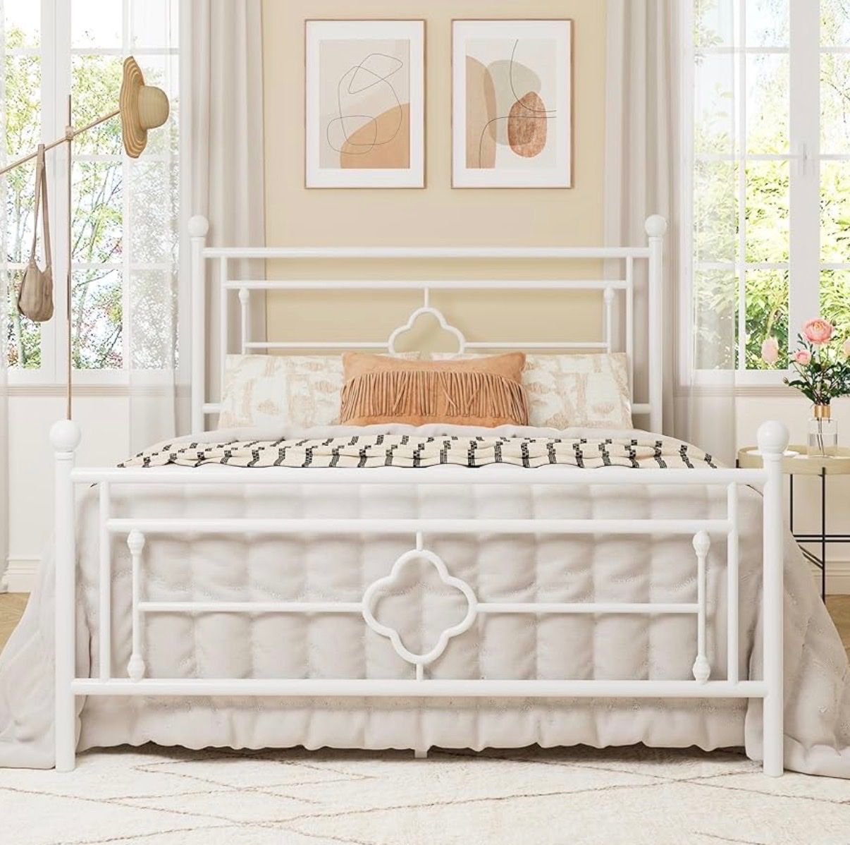 White Metal Full Size Bed Frame w/ Headboard & Footboard - 800lb Capacity, No Box Spring Needed