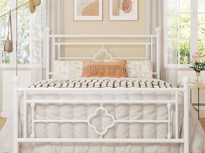 White Metal Full Size Bed Frame w/ Headboard & Footboard - 800lb Capacity, No Box Spring Needed