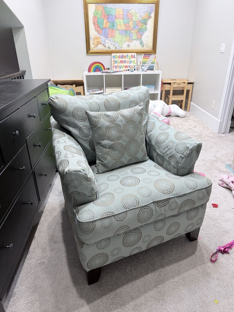 Patterned Armchair - light turquoise & Tan Circle Design Accent Chair with Pillow (made by Lazyboy)