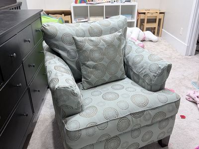 Patterned Armchair - light turquoise & Tan Circle Design Accent Chair with Pillow (made by Lazyboy)